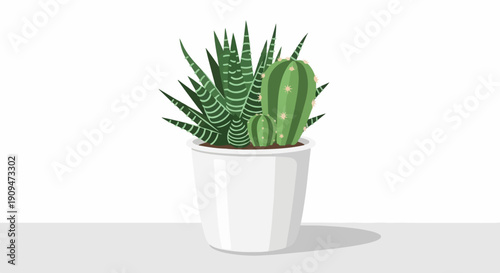 A white pot overflows with a trio of vibrant green desert plants, a cactus collection
