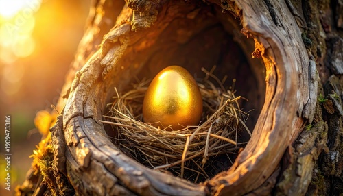 A golden egg nested in a tree hollow, bathed in sunlight, symbolizing wealth and opportunity