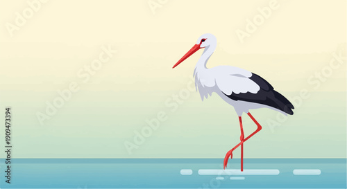 A white stork stands on the water in a minimalist, pixelated style