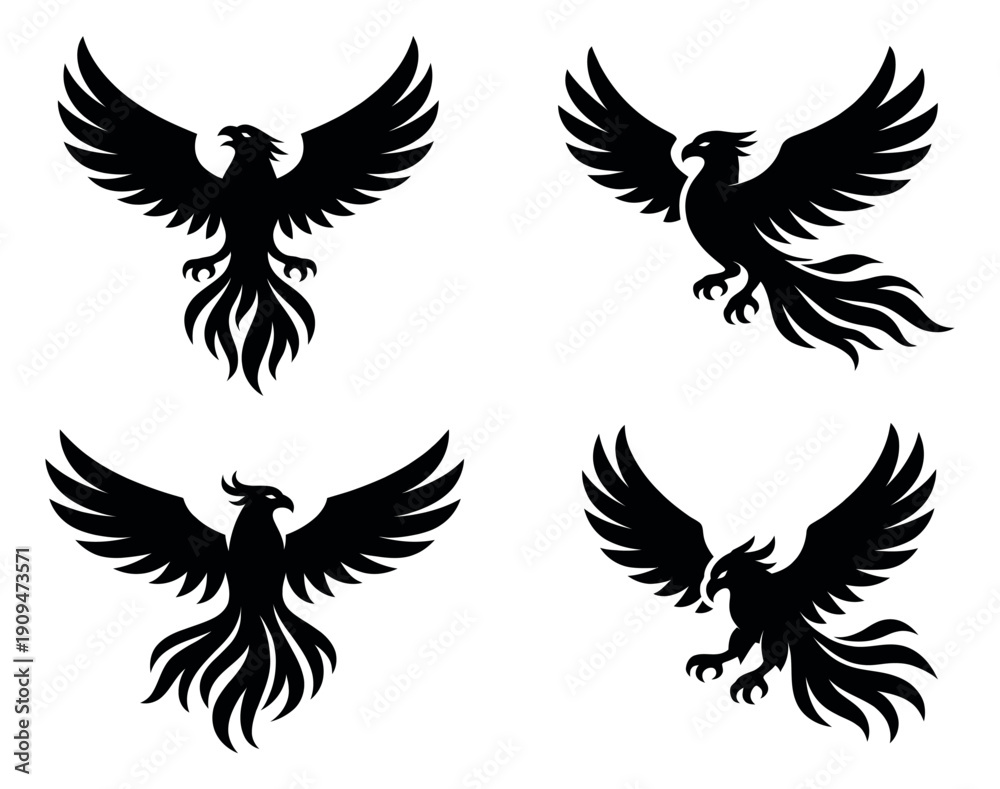 Obraz premium Stylized phoenix set featuring majestic birds in flying poses for logo and branding design