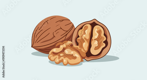 A whole and halved walnut with loose kernels on a pale background