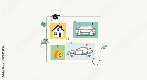 A square box illustrating Business and Education icons, including a house, cars, and a graduation cap, in a simple graphic representation.