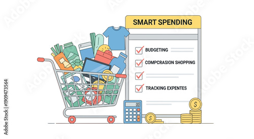 Business smart spending concept illustration with shopping cart and financial planning checklist