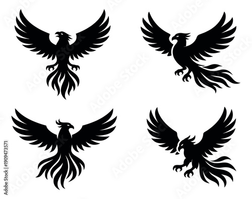 Stylized phoenix set featuring majestic birds in flying poses for logo and branding design