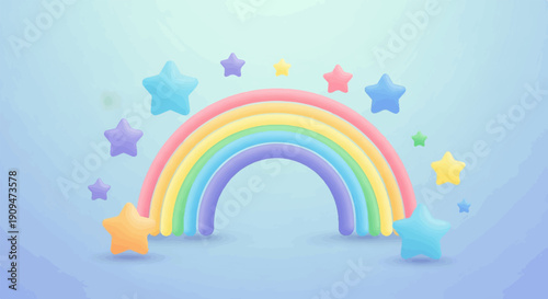 A vibrant rainbow arches over a pastel blue background adorned with colorful, whimsical stars