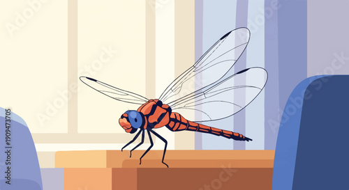 A vibrant orange dragonfly with striking blue eyes rests on a warm wooden surface