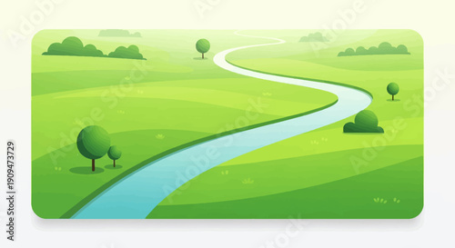 A winding blue river flows through rolling green hills with scattered trees