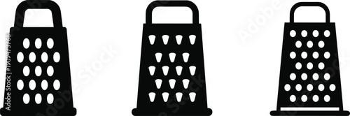 Kitchen grater silhouette icon set with three cheese grater shapes, black cooking utensil collection illustration isolated on white background for culinary design.