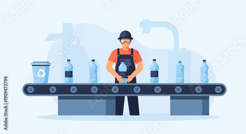 A worker inspects bottles on a conveyor belt in a factory setting