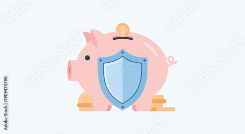 Secure Business Savings Illustration Featuring Piggy Bank with Shield and Coins