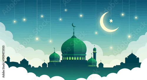 A stylized Islamic cityscape with glowing stars and a crescent moon in the sky