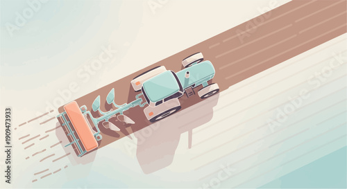 A stylized isometric view of a light blue tractor plowing a field with a mechanical attachment