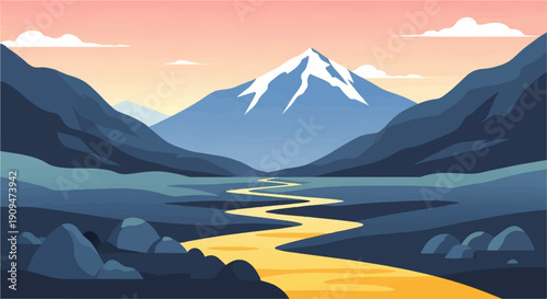 A winding golden river flows through a valley toward a snow-capped mountain