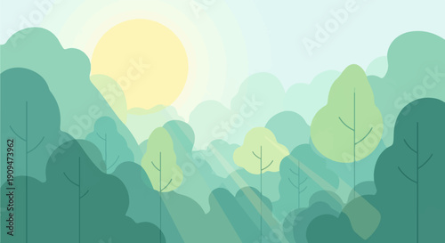 A stylized, layered forest scene with a soft sun and gentle light rays filtering through