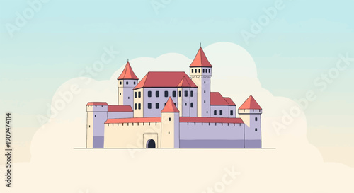 A stylized castle with red roofs and purple walls stands against a cloudy sky