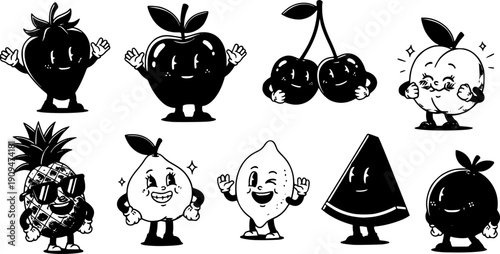 Fruit characters. Summer funky mascots. Cartoon retro juicy strawberry, apple, happy cherry, peach, pineapple, watermelon, lemon, orange. Comic food. Vector set