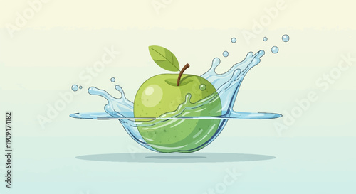 A vibrant green apple splashes into clear water, creating dynamic liquid motion