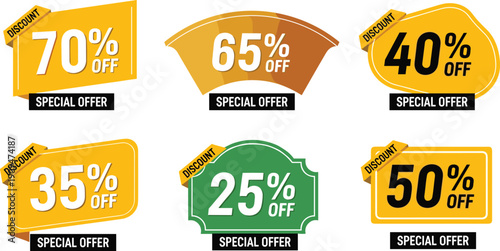 Set of yellow discount sale banners, special offer tags, percentage off stickers, price badges, promo labels, market signs, vector collection isolated on white.