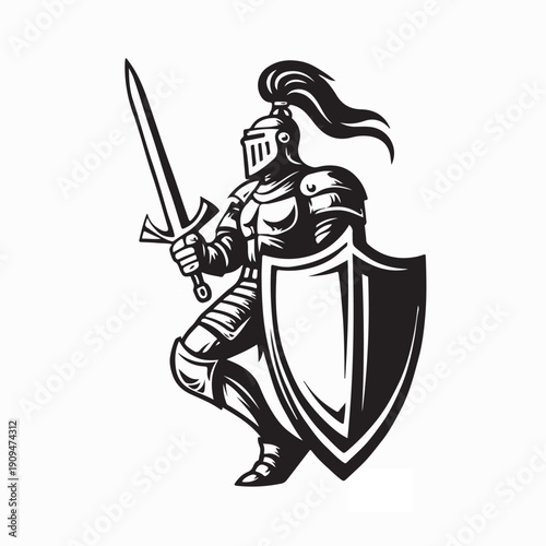Knight in Armor Holding Sword and Shield Vector Illustration on White Background