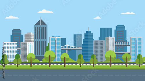 A simplified cityscape illustration with blue buildings and green trees