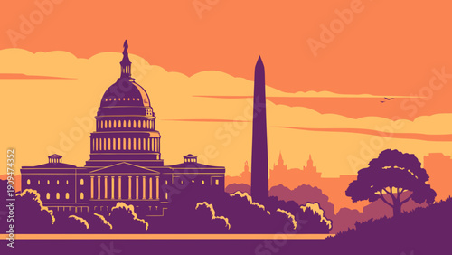 Washington dc skyline featuring the us capitol building. Perfect for patriotic designs, political themes, american landmarks, travel brochures, and educational materials.