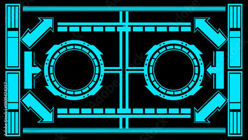A symmetrical glowing cyan design featuring circles and arrow shapes