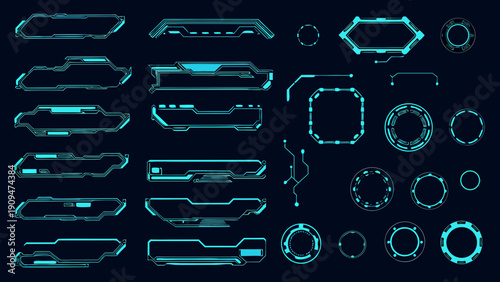 Futuristic user interface elements in bright teal on a dark background
