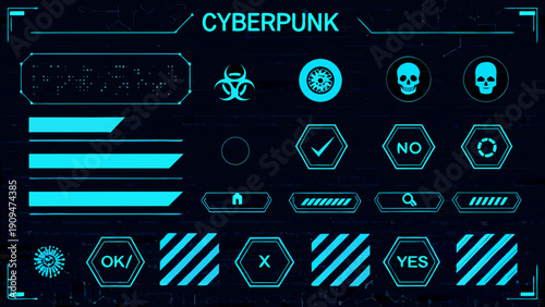 Cyberpunk interface elements with biohazard symbols skulls and status indicators