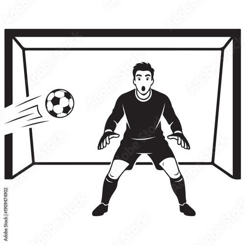 Surprised Goalkeeper Reacting to a Fast-Approaching Soccer Ball in Goal