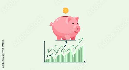Business growth illustrated by a piggy bank on a rising financial graph chart with increasing coin