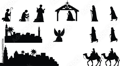 Nativity scene silhouette set with Mary, Joseph, shepherds, angel and wise men on camels, Bethlehem city skyline isolated on white background.