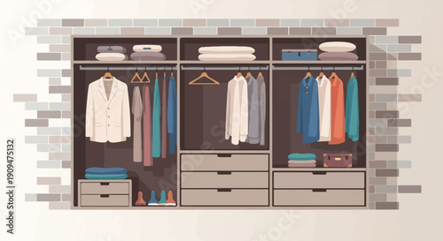 A spacious open closet filled with neatly organized clothing and folded items