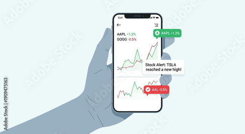 Hand holding smartphone displaying stock market graphs and alerts for business trends and analysis
