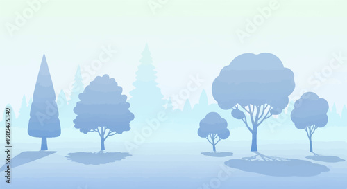 A stylized minimalist forest scene rendered in shades of blue and green