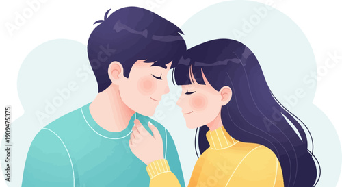 A tender illustration depicts a couple in a loving embrace, heads touching