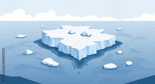 A solitary ice floe drifts in a vast, serene arctic ocean under cloudy skies