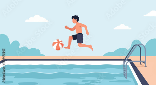 A young boy in dark shorts joyfully jumps with a striped ball near a pool