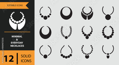 Minimal and Everyday Necklaces Icons solid icon set.Minimal everyday necklace solid icons
