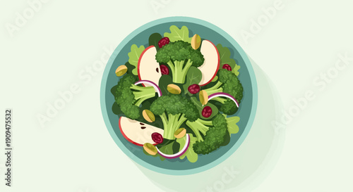 A vibrant, top-down view of a fresh salad in a teal bowl