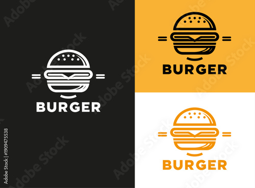 Minimalist burger line art logo set in black white and orange
