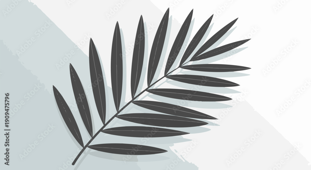 Fototapeta premium A single dark grey palm leaf with a shadow against a light blue and white textured background