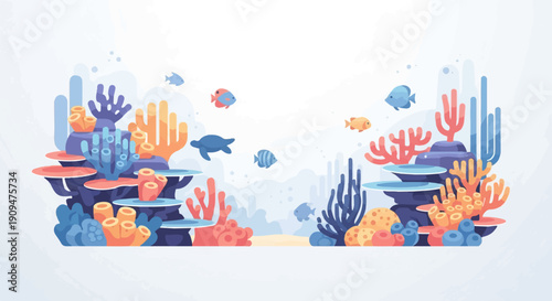 A vibrant underwater coral reef scene with diverse marine life and colorful coral formations