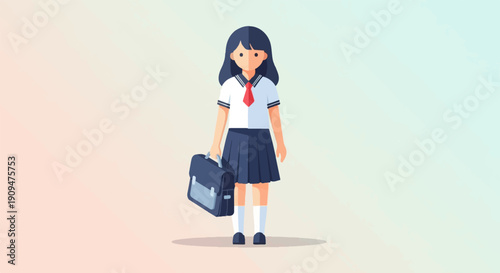 A young person in a school uniform holds a briefcase, ready for a new day