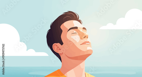 A young person with eyes closed basks in sunlight by the ocean