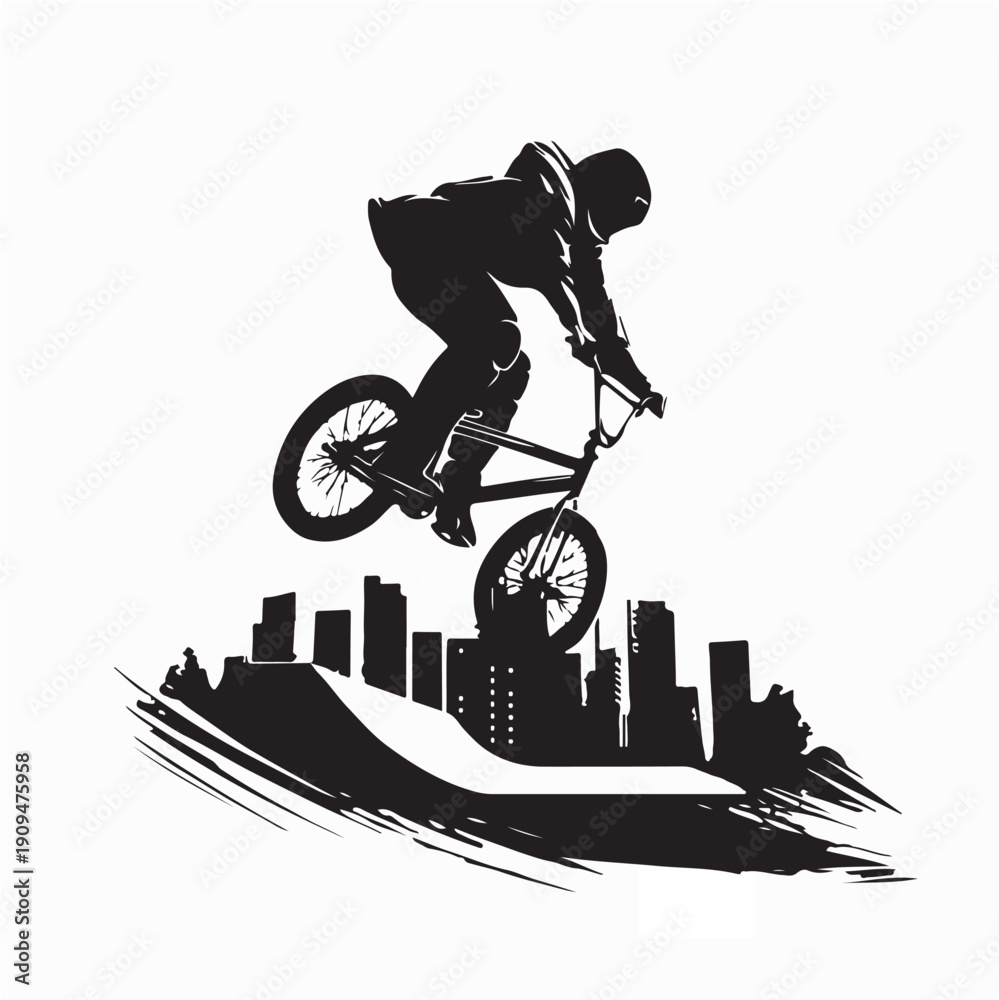 Obraz premium Silhouette of a teenage boy doing stunts on a BMX bike in a city Park silhouette vector