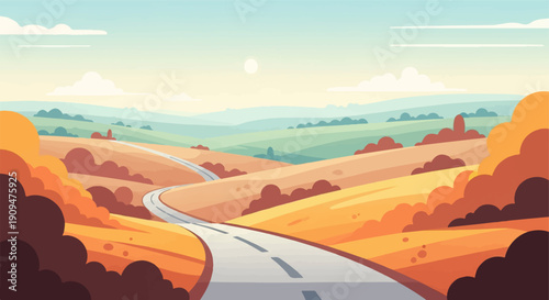 A winding road leads through rolling hills of autumnal colors under a pastel sky