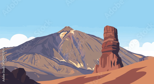 A stylized desert landscape features a prominent peak and rock spire under a blue sky