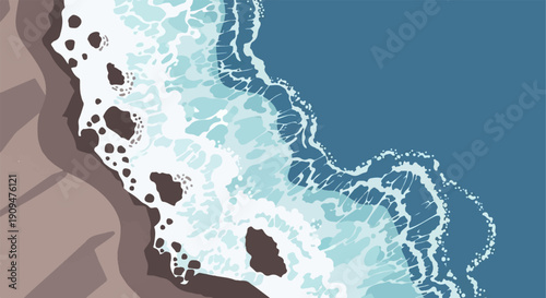 Abstract aerial view of waves crashing against a rocky shore