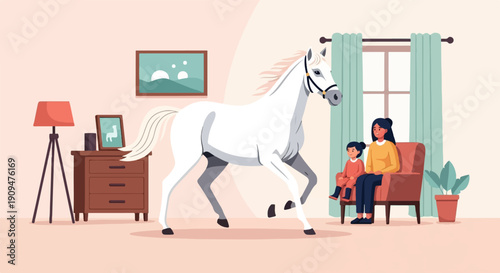 A woman and child watch a white horse prance in a living room