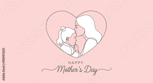 Mother's Day greeting card template with heart outline illustration of mother and child, pink background, for social media or banner